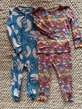 Posh Peanut x lisa frank unicorn pajamas and Smurf pajamas